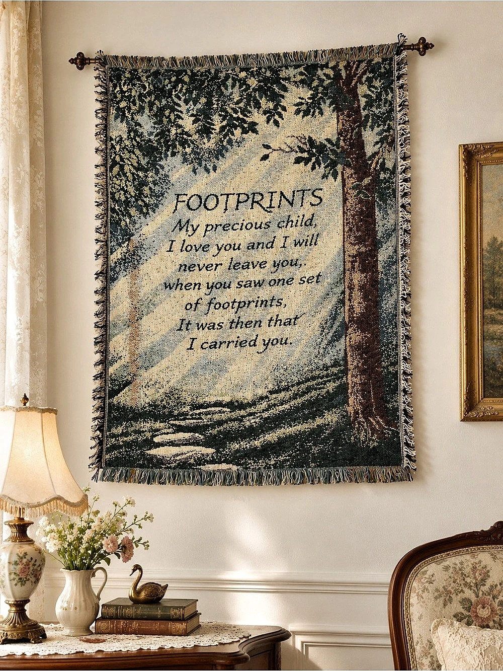 Footprints in the Sand Tapestry Throw Blanket in Green & Blue